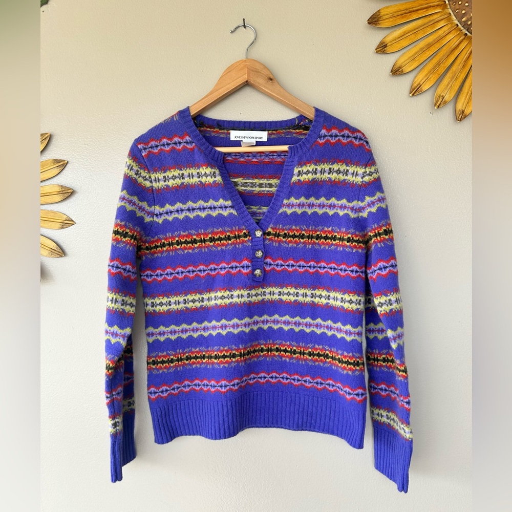 Jones New York Sport Lambs Wool Purple Fair Isle/Geometric Sweater Size Medium